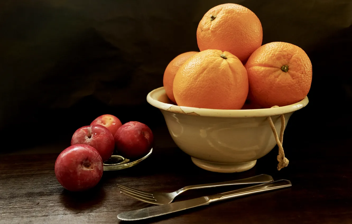 Photo wallpaper the dark background, orange, still life, plum