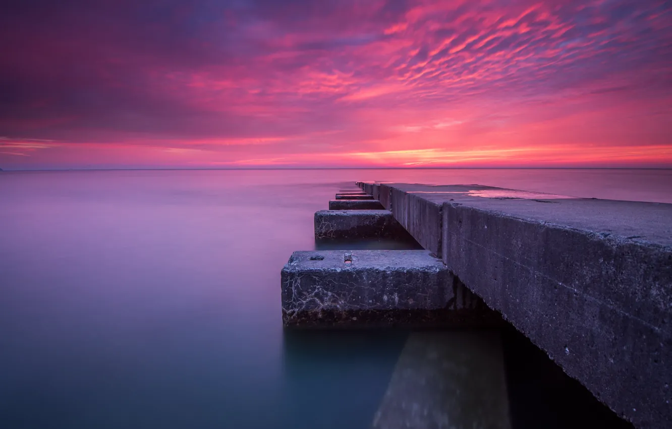Photo wallpaper sea, the sky, clouds, sunset, pier, pierce, plate, glow