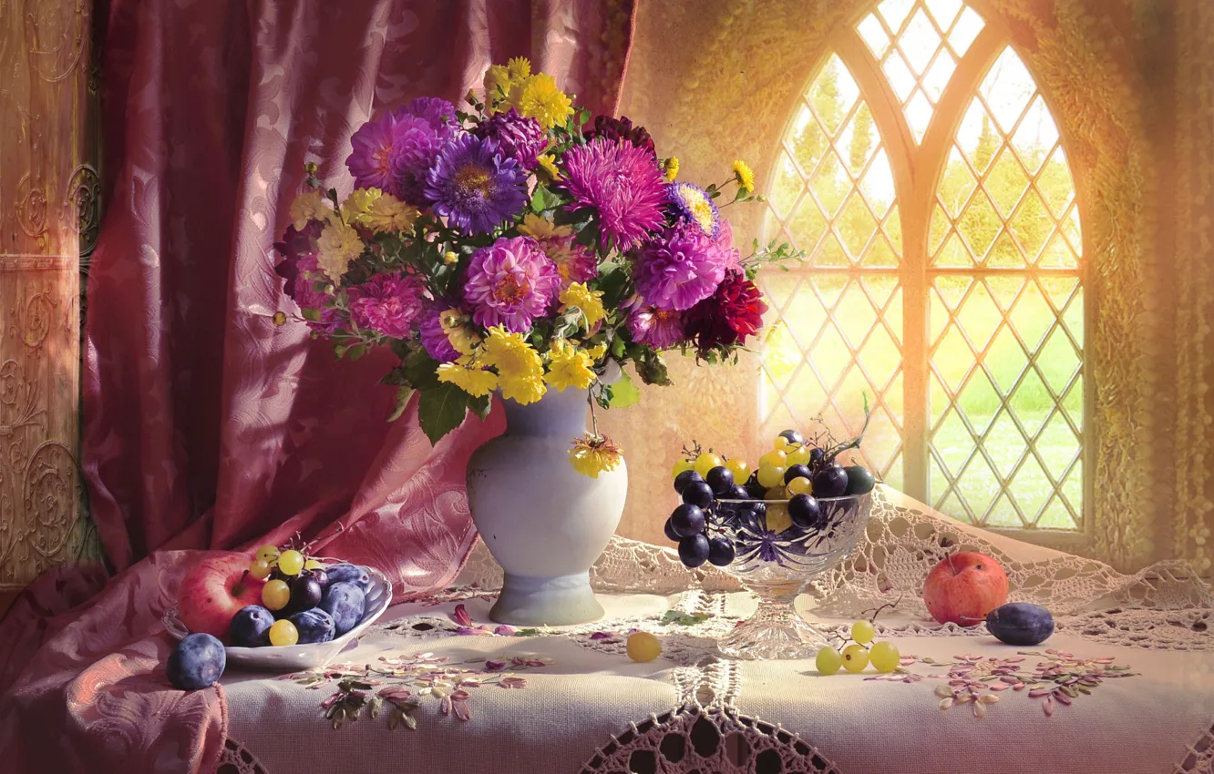 Photo wallpaper Apple, bouquet, window, grapes, still life, blind, drain, asters