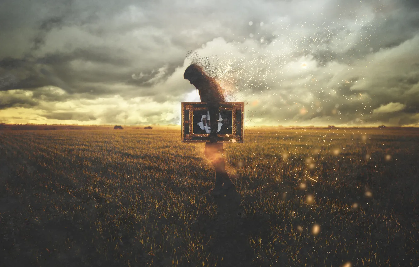 Photo wallpaper field, clouds, frame, male, to disintegrate