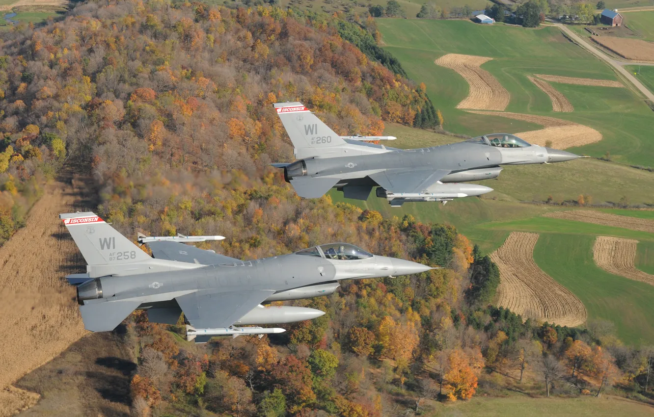 Photo wallpaper the sky, Wisconsin, USA, flight, Falcons, Fighting, aircraft, F-16C
