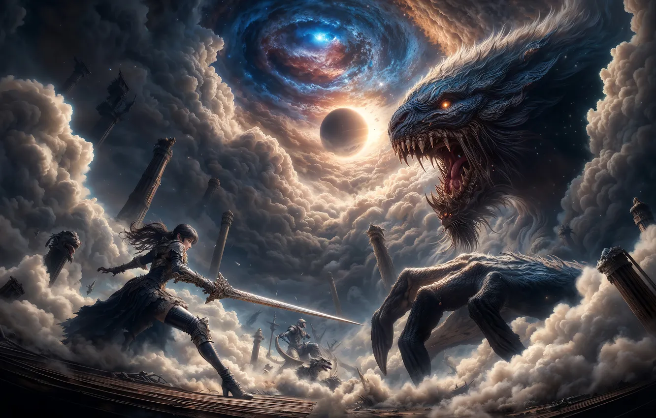 Photo wallpaper girl, monster, sword, warrior, battle, The light of the eclipse