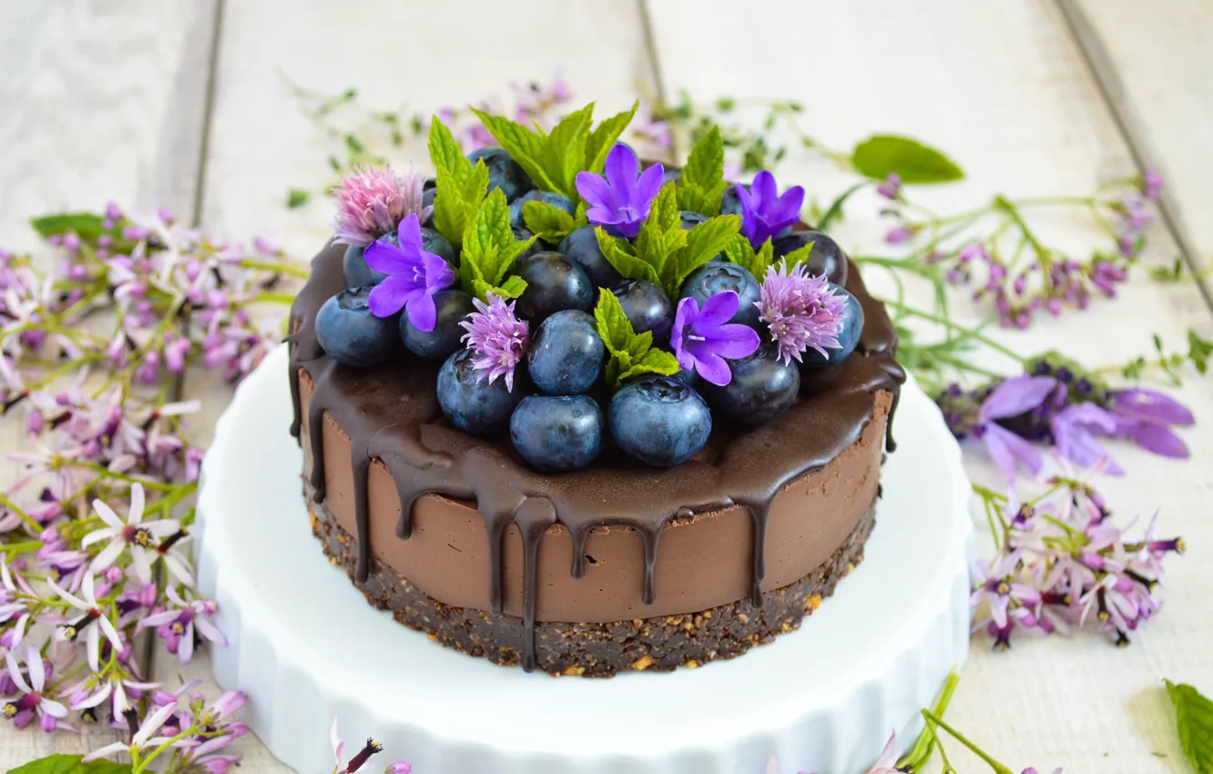 Photo wallpaper flowers, chocolate, cake, blueberries