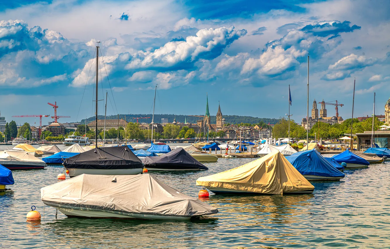 Photo wallpaper clouds, lake, boat, Switzerland, Zurich