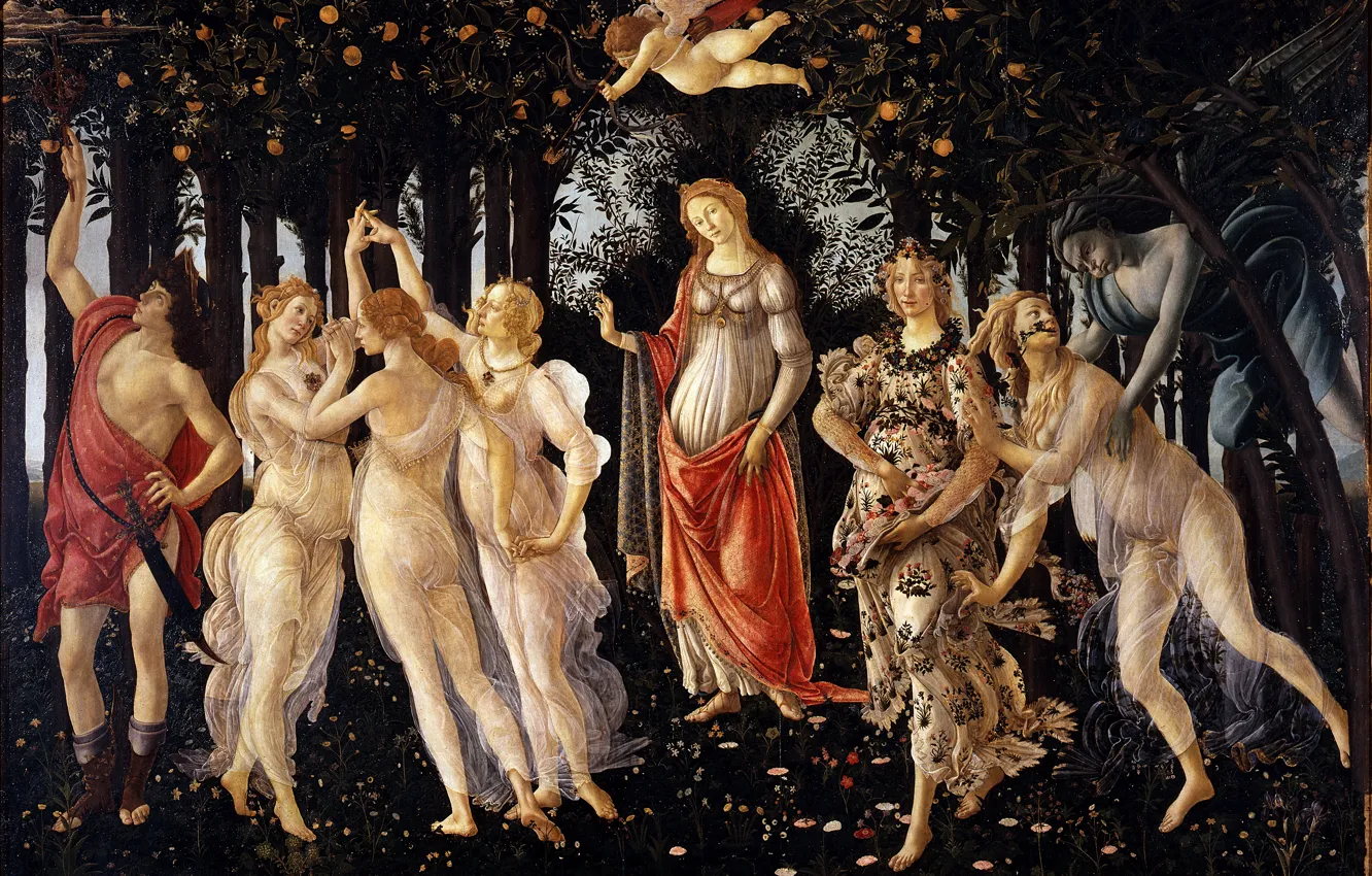 Photo wallpaper flowers, dance, spring, Botticelli, Cupid