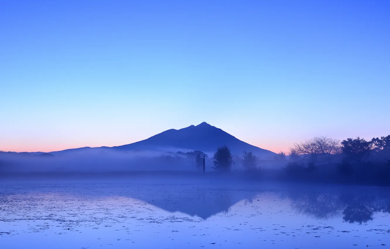 Photo wallpaper trees, mountains, fog, lake, reflection, the evening, Japan, haze