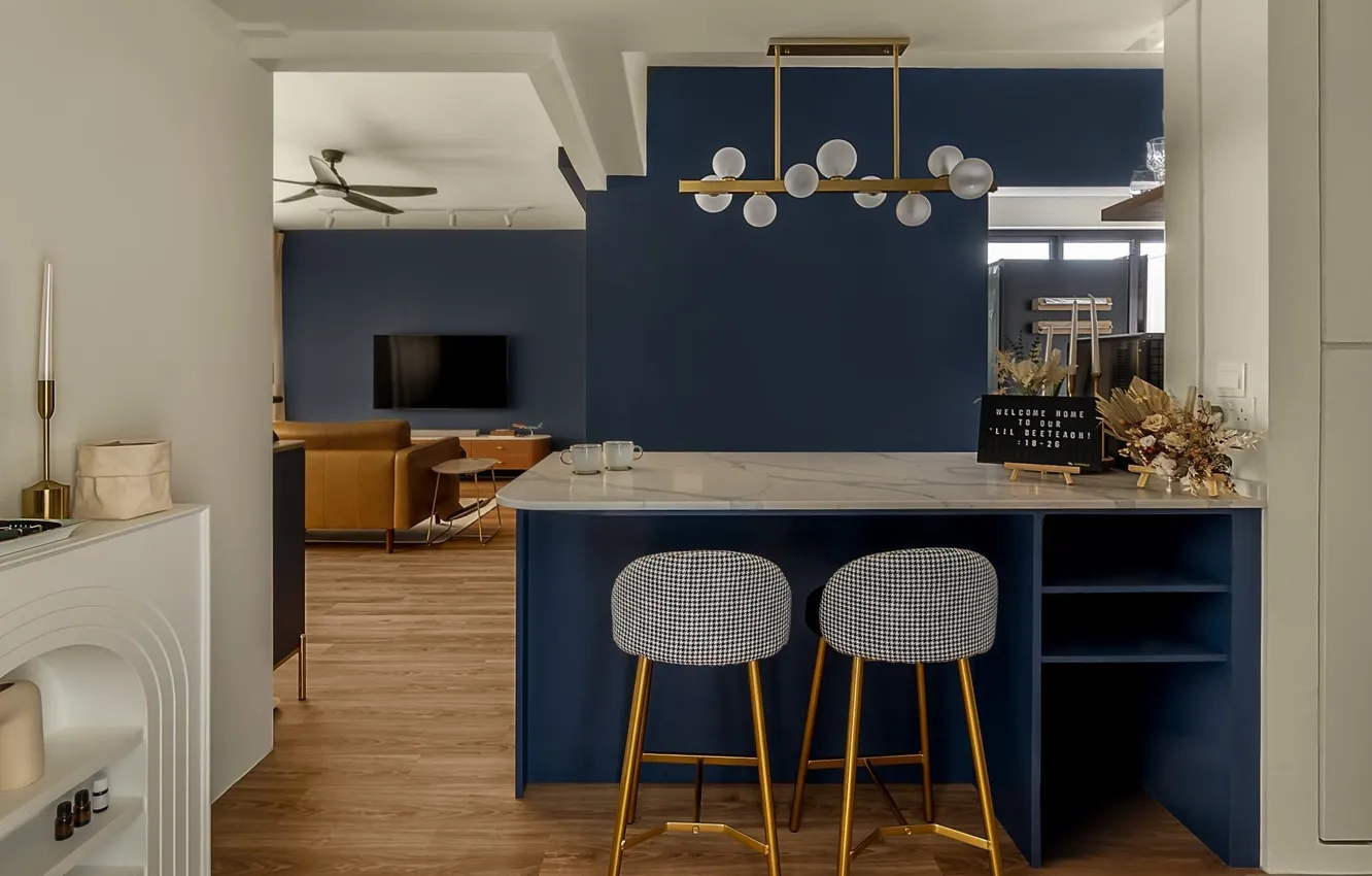 Photo wallpaper design, style, interior, living room, With Distinctive Blue and Wood Palette, a distinctive palette of …