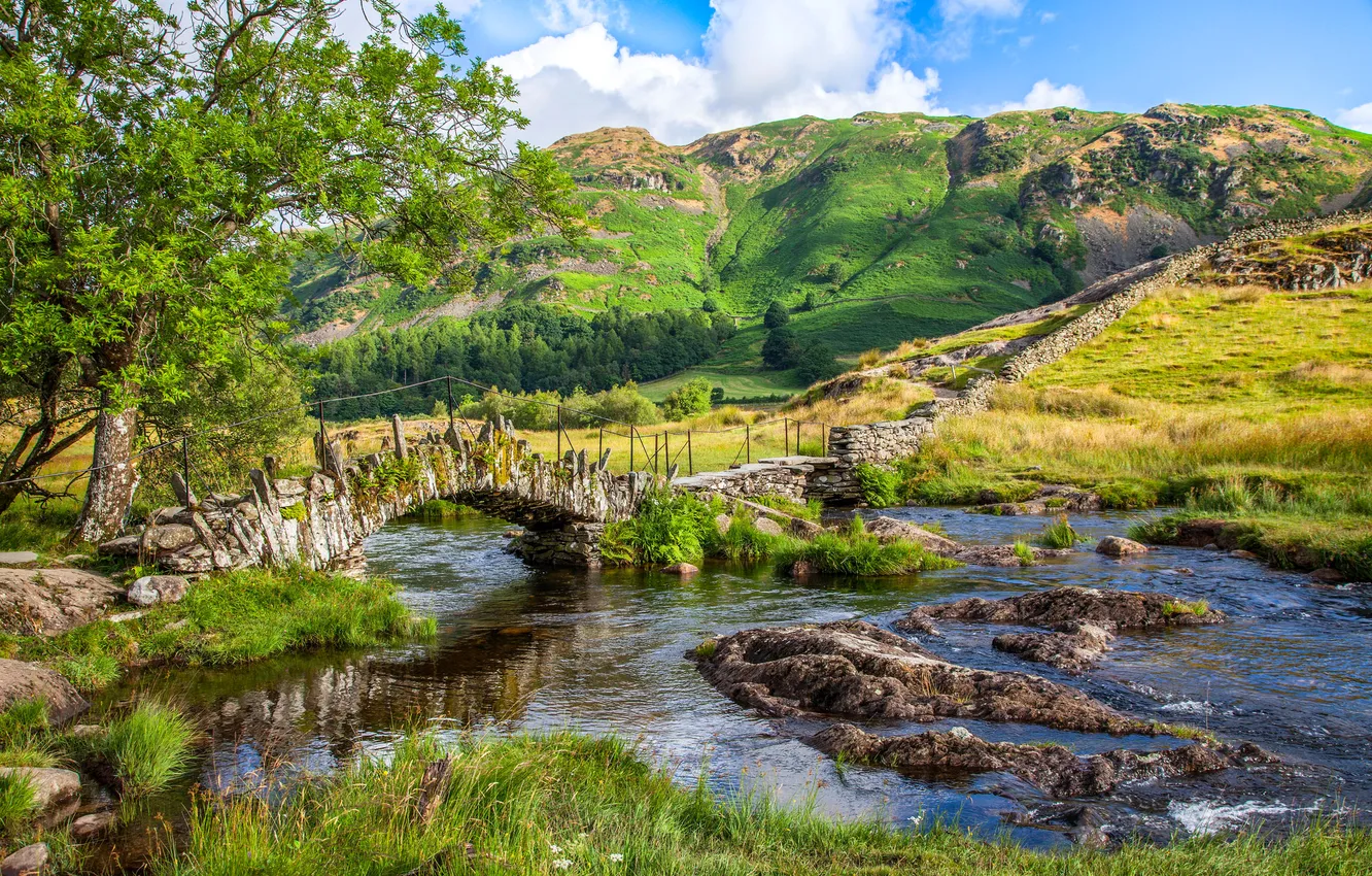 Photo wallpaper mountains, bridge, river, England, Little Langdale Valley