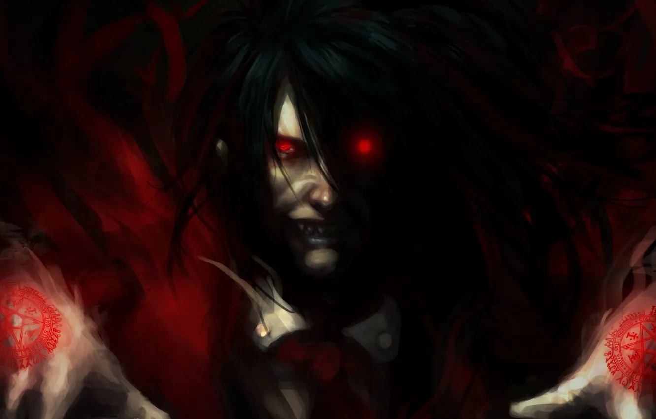 Photo wallpaper gun, teeth, anime, art, vampire, guy, Hellsing, red eyes