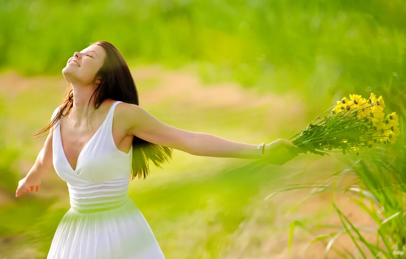 Photo wallpaper summer, grass, girl, joy, flowers, smile, bouquet, dress