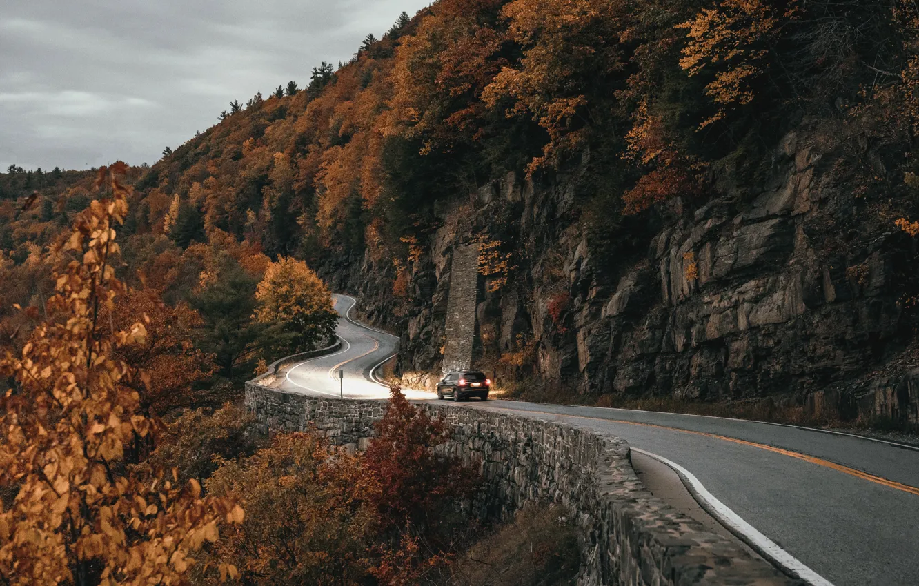 Photo wallpaper car, trees, landscape, nature, wood, autumn, mountain, street