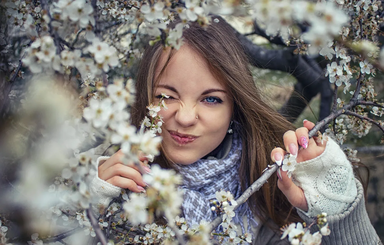 Photo wallpaper girl, flowers, branches, spring, scarf, brown hair, manicure, facial expressions