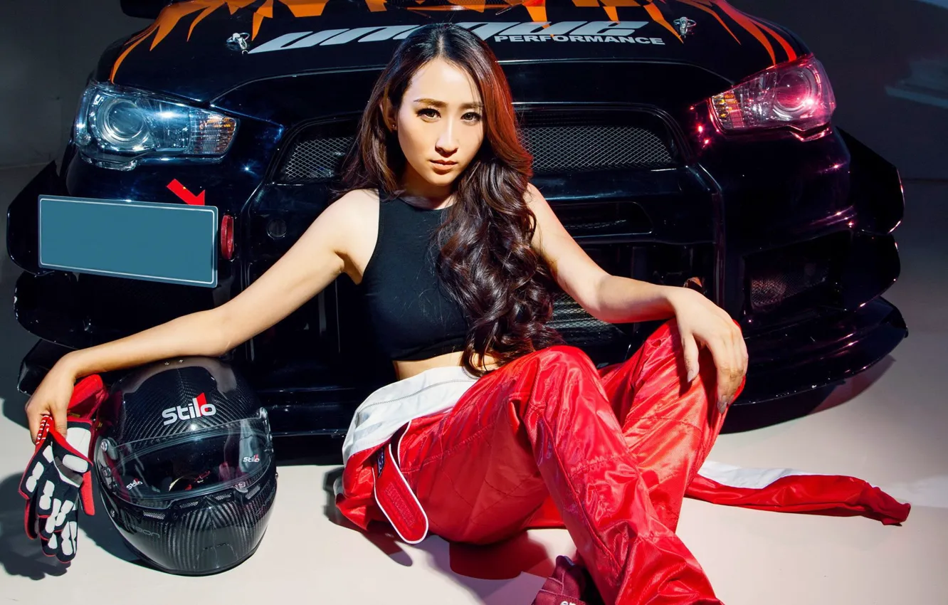 Photo wallpaper look, girl, Mitsubishi, beautiful girl, sitting on the machine, Asian woman.auto