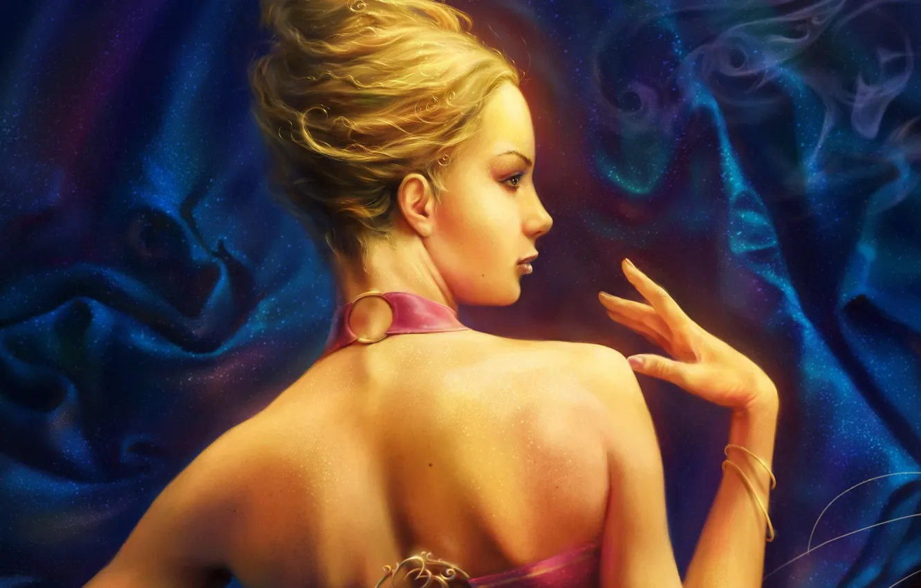 Photo wallpaper girl, background, fiction, hair, back, hands, dress, hairstyle