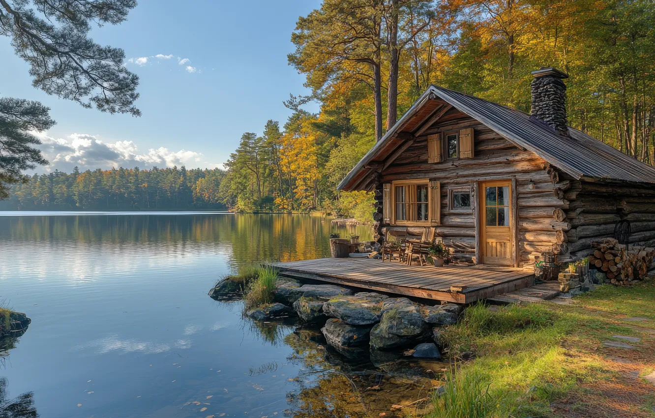 Photo wallpaper autumn, forest, light, trees, landscape, nature, comfort, lake