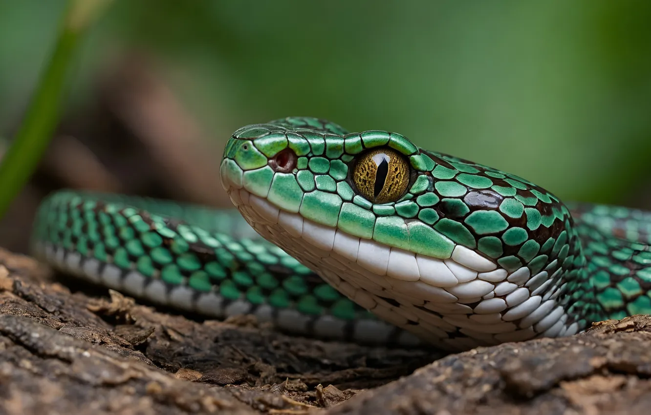 Photo wallpaper green, neural network, snake, AI art