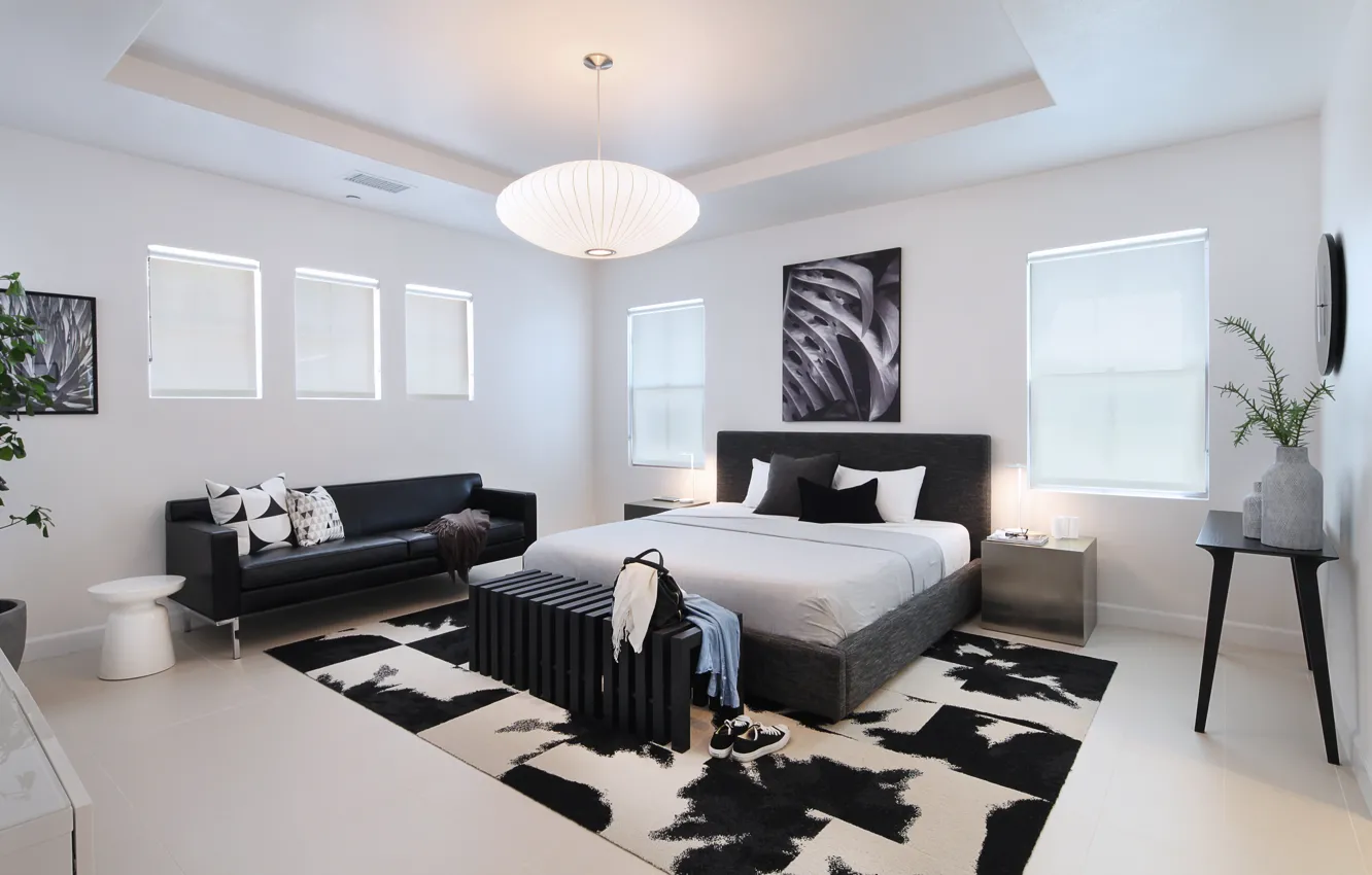 Photo wallpaper white, design, style, sofa, black, bed, design, interior