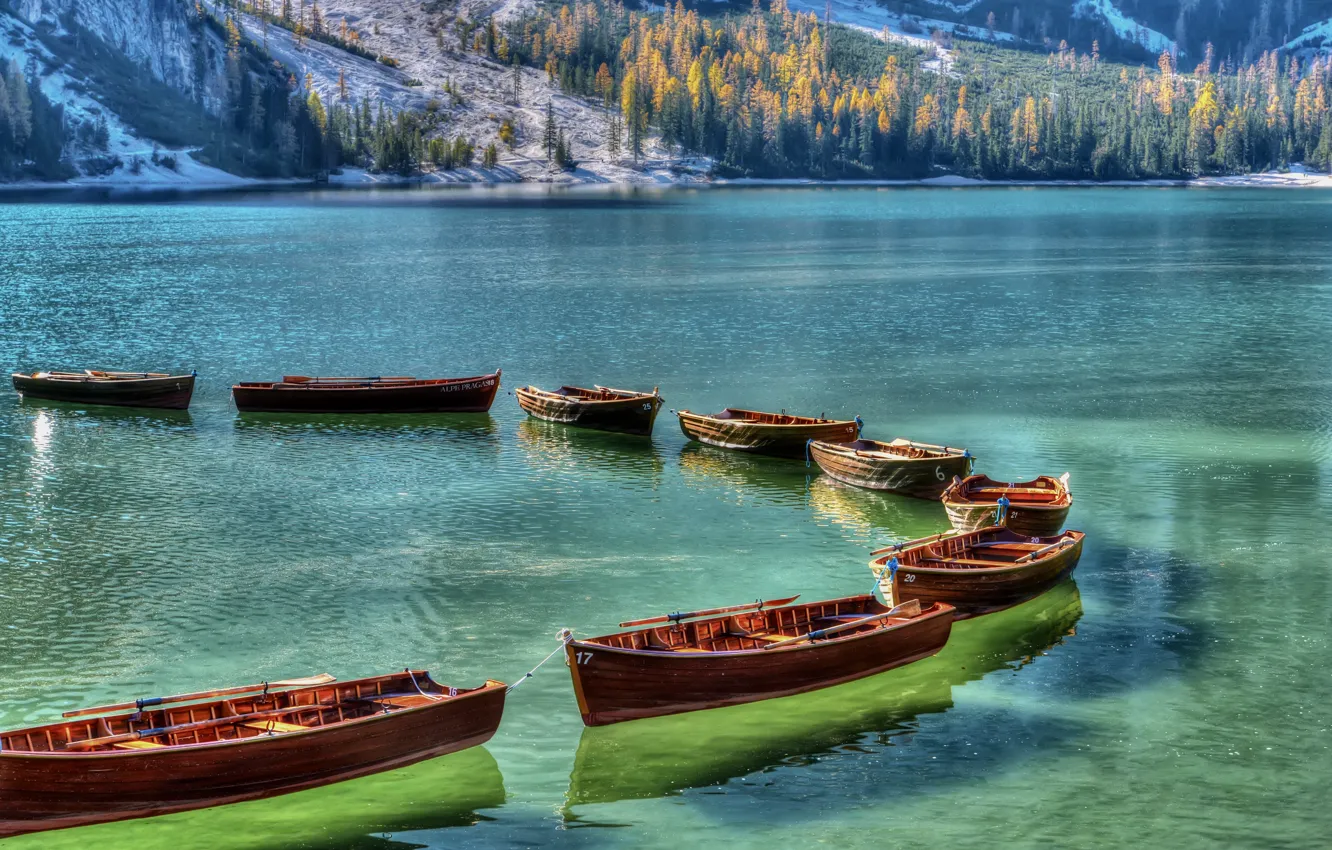 Photo wallpaper landscape, mountains, nature, lake, boats, Italy, forest, The Dolomites