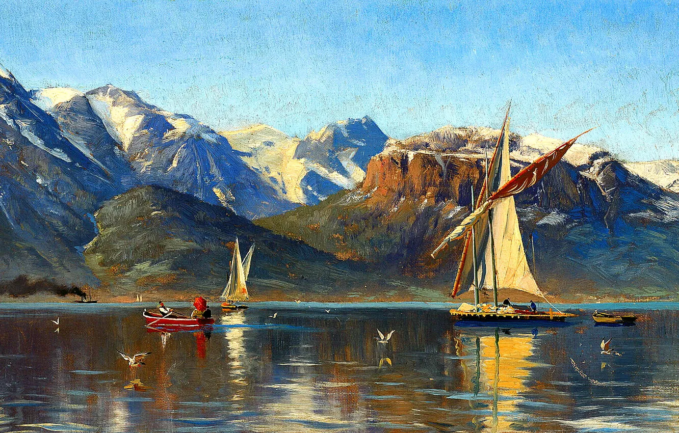 Photo wallpaper mountains, ship, picture, Peder Mork Monsted, sailing, Danish painter, Peter Merk Of Menstad, Peder Mørk …