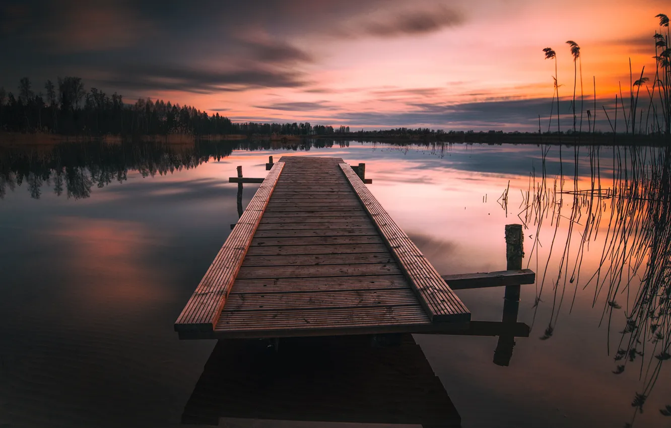 Photo wallpaper the sky, sunset, lake, pier, Latvia, Jelgava