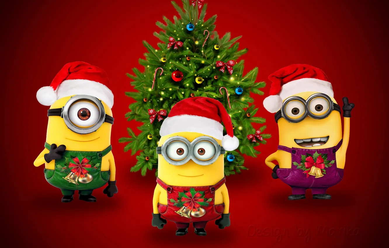 Photo wallpaper holiday, New year, Tree, Happy New Year, red background, Minions, Red background, The minions