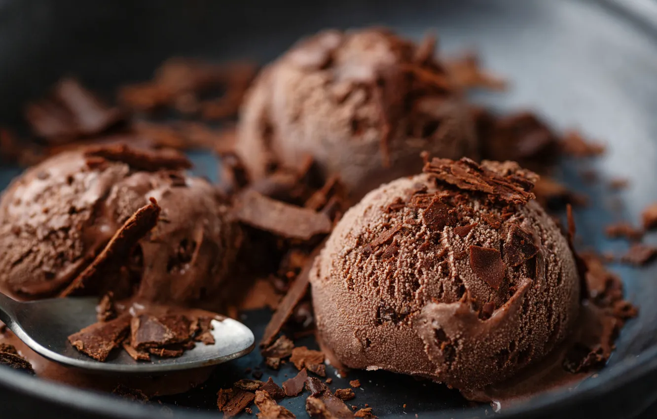 Photo wallpaper balls, macro, chocolate, plate, spoon, ice cream, bokeh, chocolate