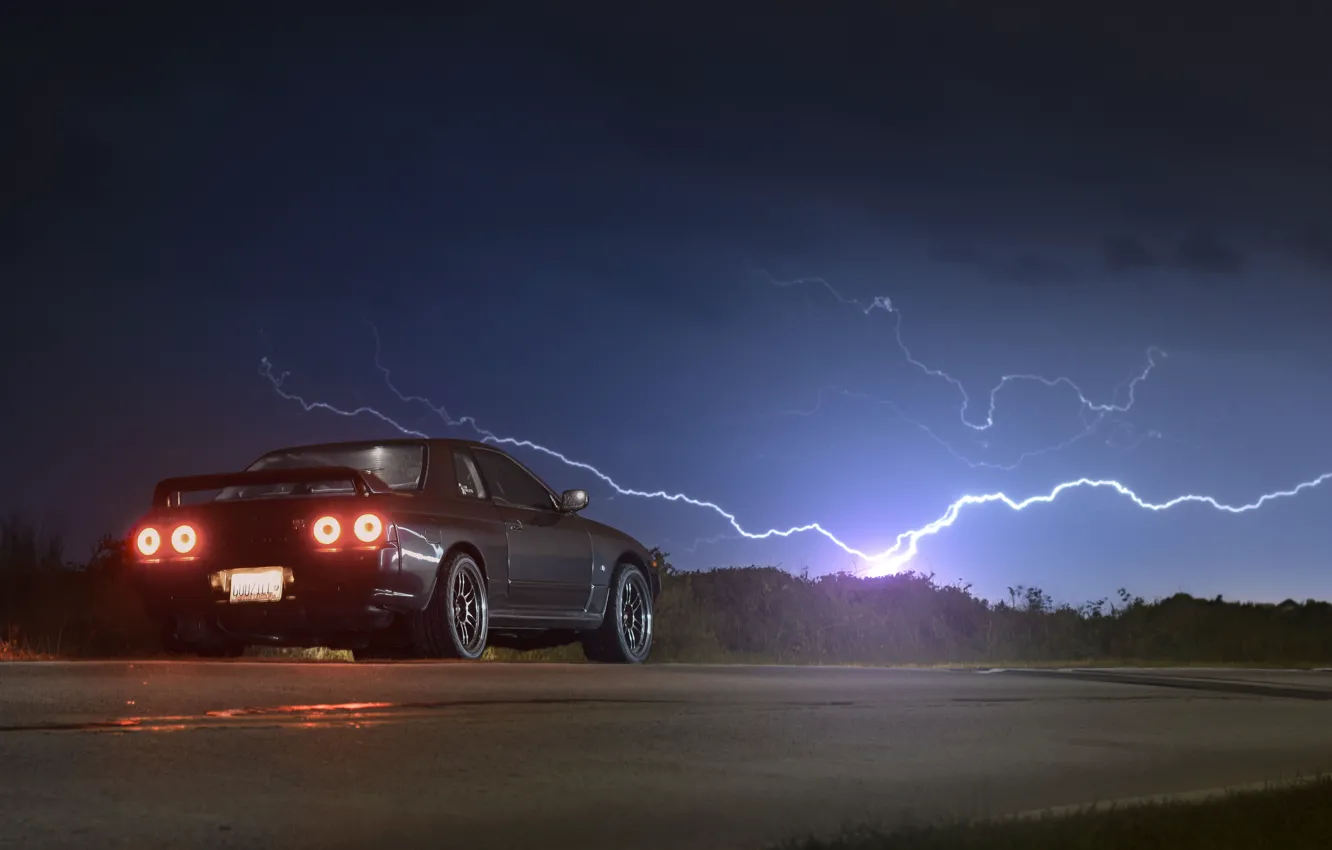 Photo wallpaper road, the sky, lightning, back, Nissan, GT-R, R32