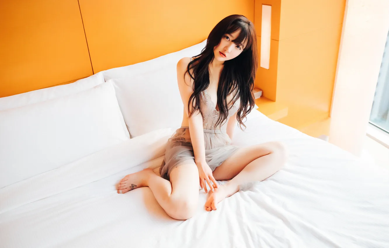 Photo wallpaper long hair, barefoot, women, asian, in bed, bent legs, looking at viewer, parted lips