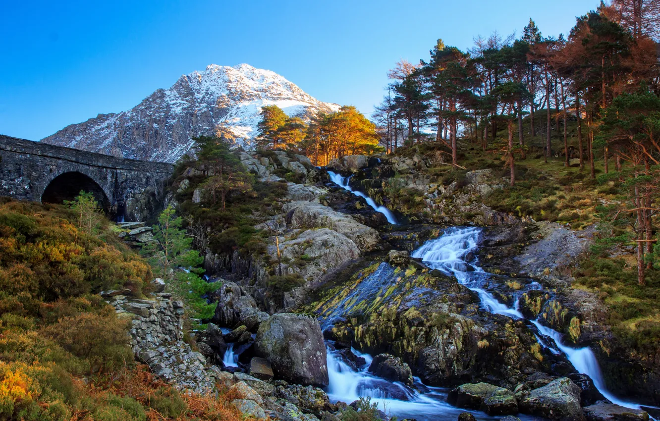 Photo wallpaper trees, landscape, mountains, nature, stones, waterfall, valley, UK