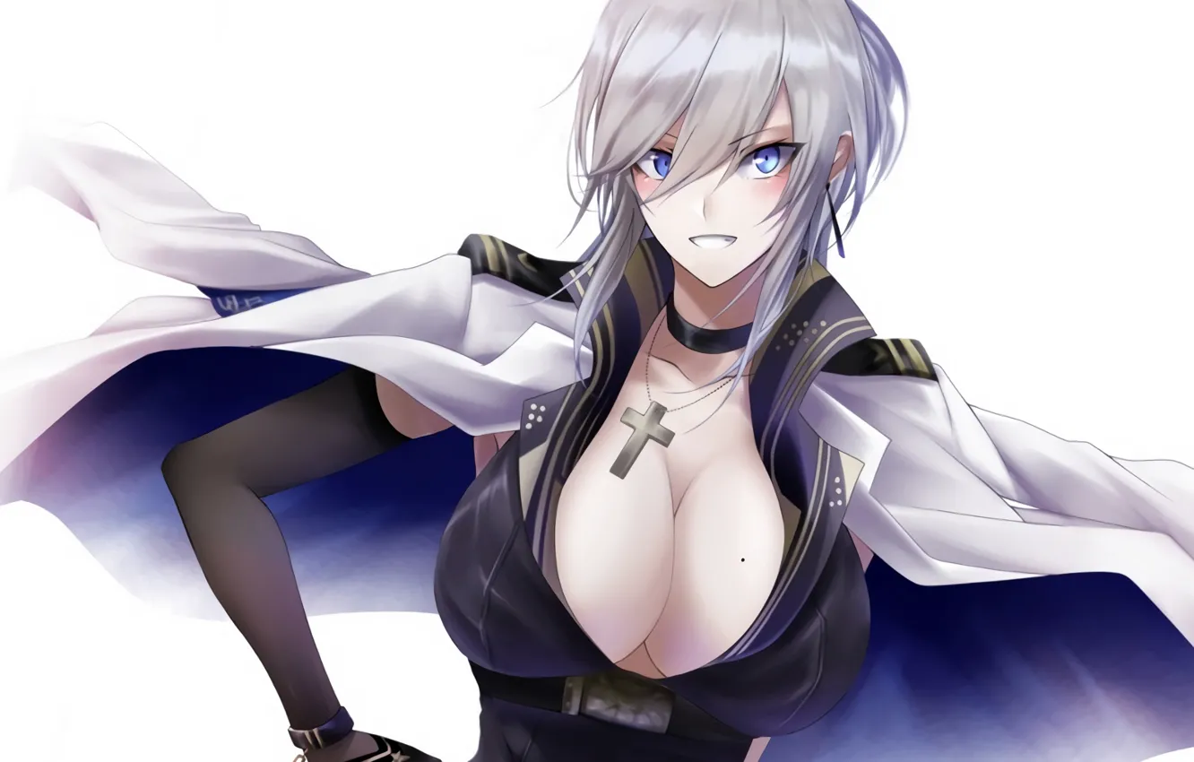 Photo wallpaper girl, sexy, cleavage, blouse, boobs, anime, blue eyes, beautiful