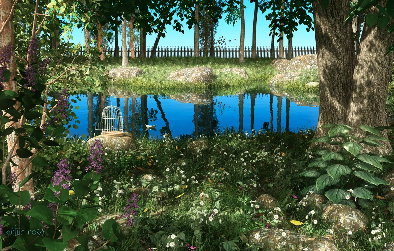 Photo wallpaper greens, landscape, pond, plant, cell, garden, art