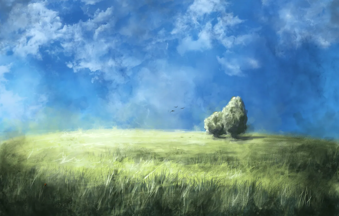 Photo wallpaper field, the sky, grass, clouds, trees, birds, nature, art