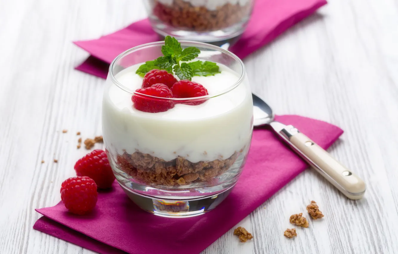 Photo wallpaper raspberry, nuts, mint, dessert, yogurt