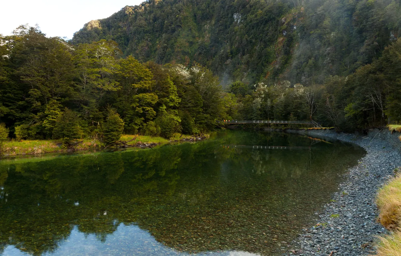 Photo wallpaper water, trees, bridge, transparent, reflection, stones, rocks, New Zealand