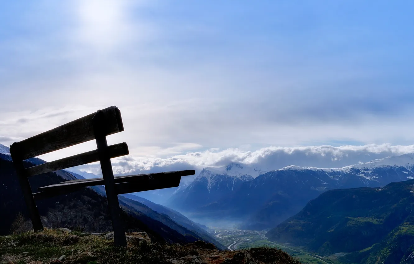 Photo wallpaper mountains, bench, nature, Wallpaper, view, abyss