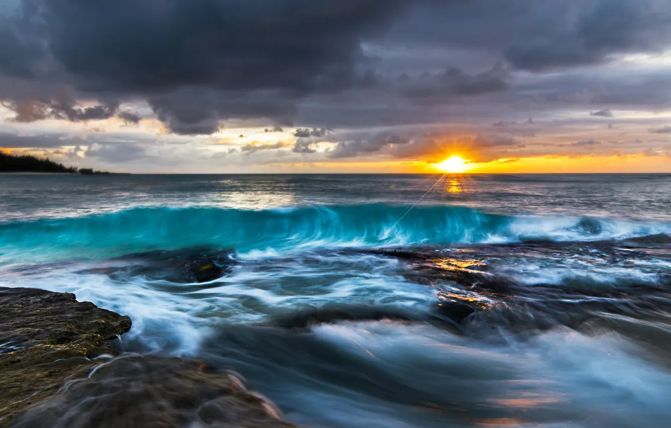 Photo wallpaper wave, the sun, storm, the ocean, dawn, coast