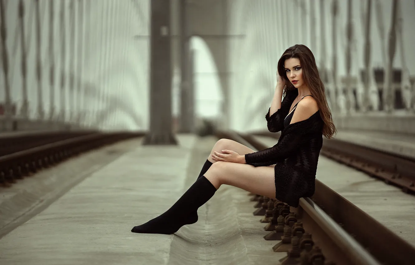 Photo wallpaper girl, bridge, rails, legs, Bára