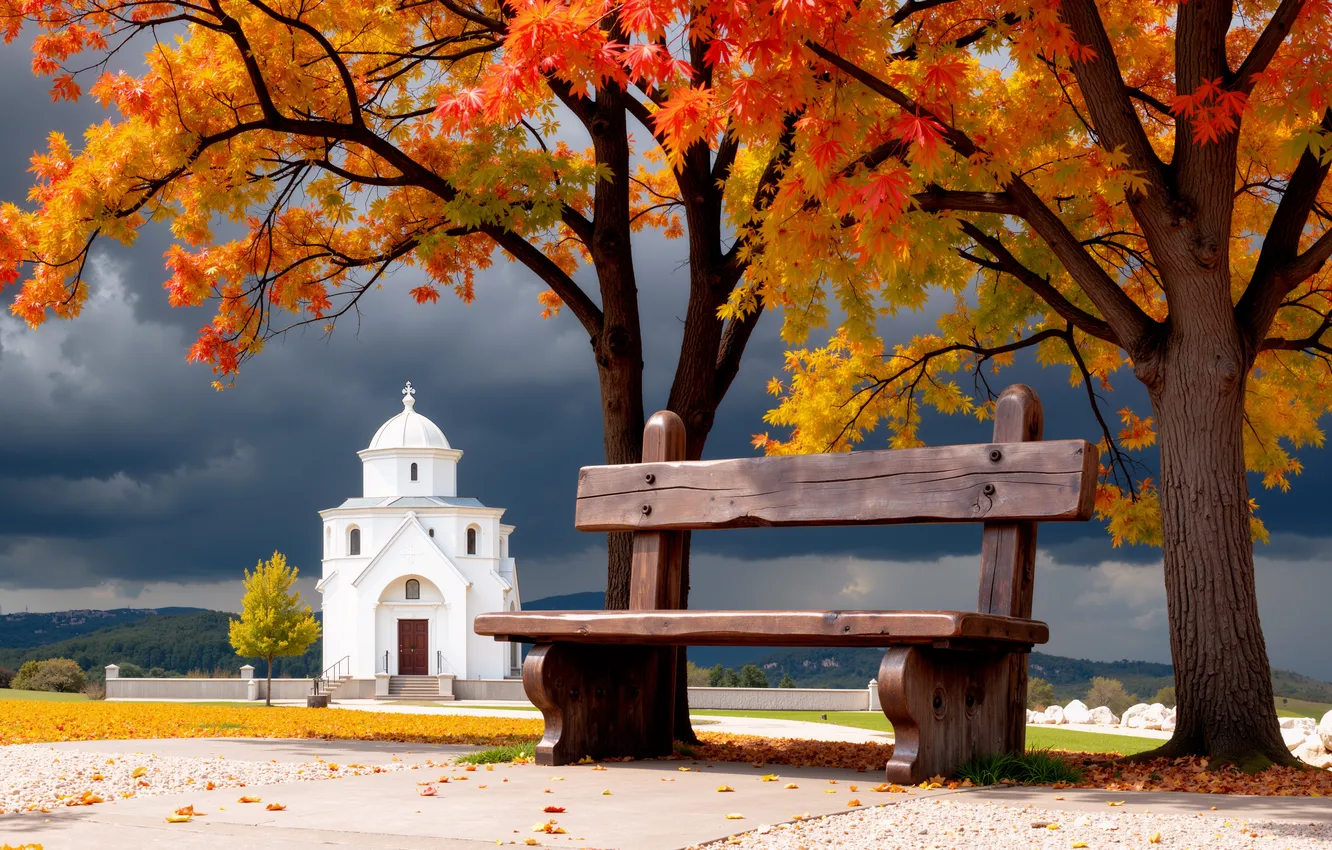 Photo wallpaper clouds, bench, branches, church