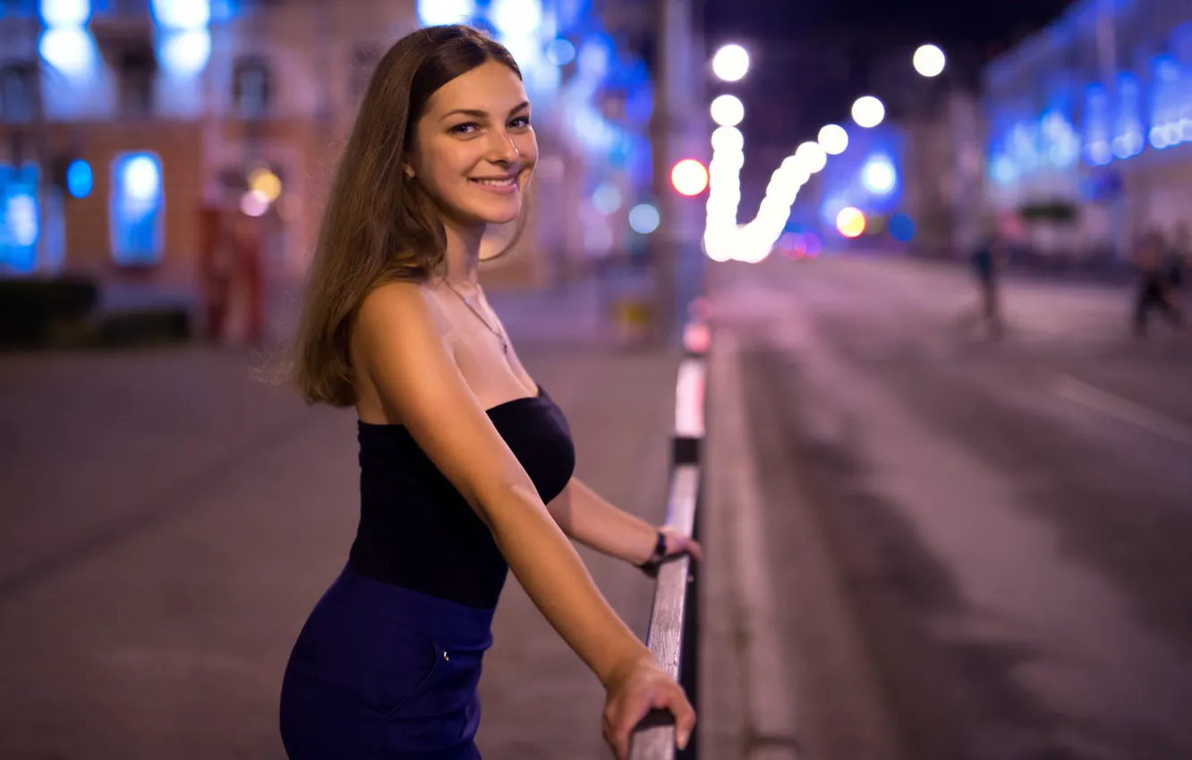 Photo wallpaper girl, smile, street, model, the evening, photographer, brown hair, big Breasts