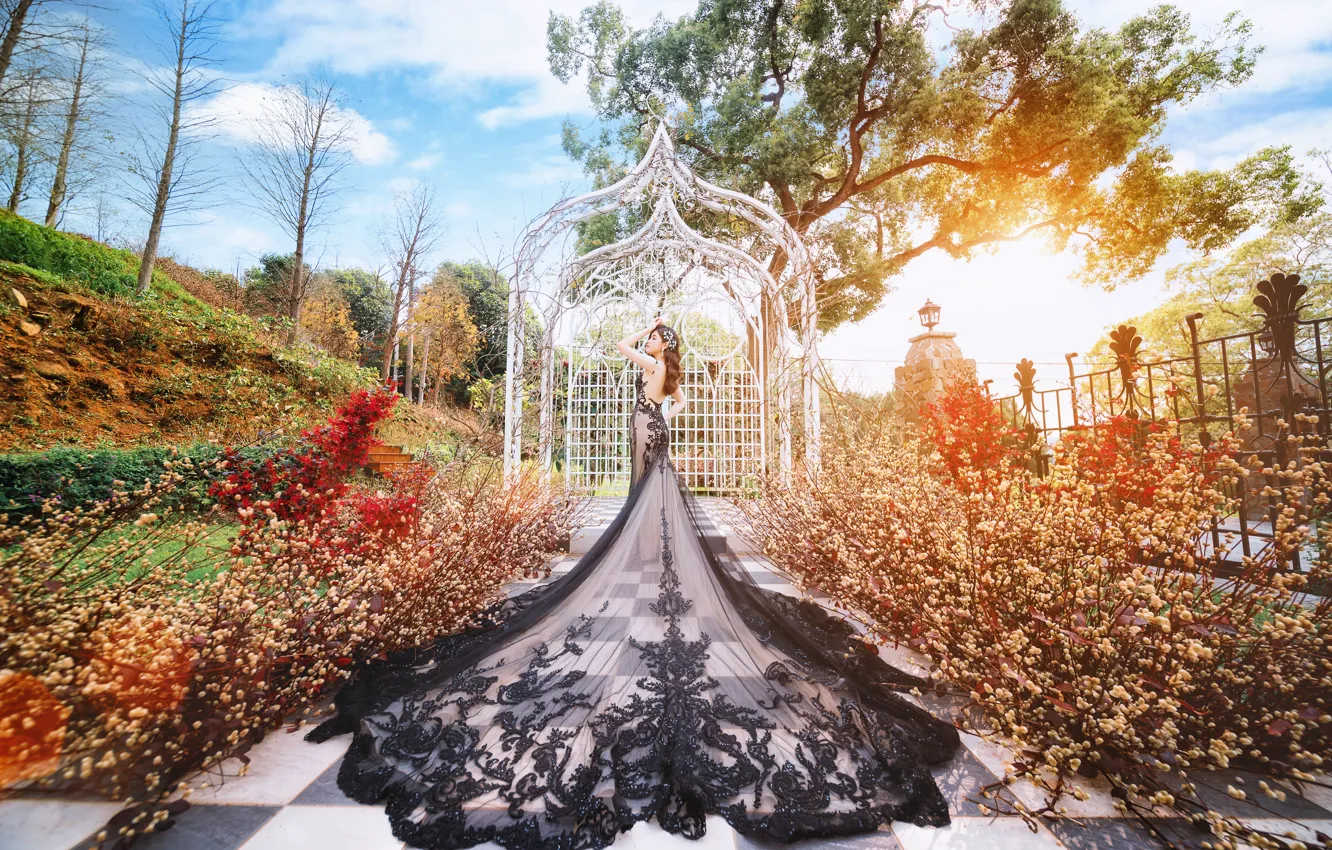 Photo wallpaper pose, style, garden, trees, girl, autumn, dress, Asian