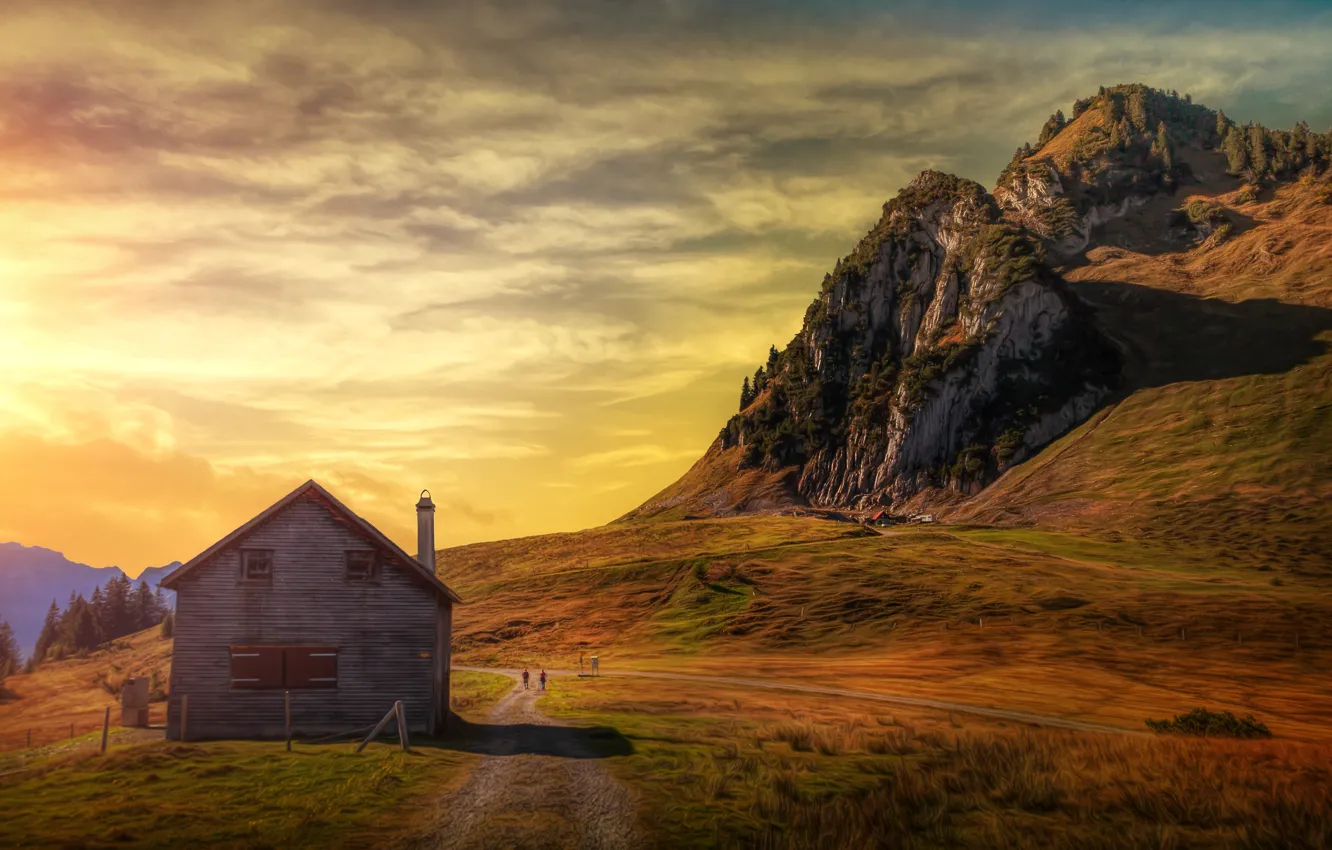 Photo wallpaper the sky, the sun, mountains, home, treatment