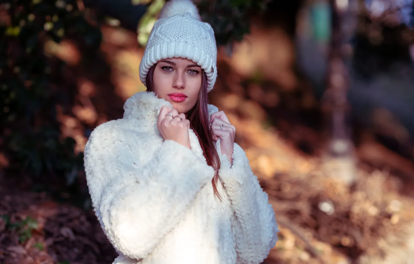 Photo wallpaper look, girl, pose, portrait, makeup, coat, beautiful, bokeh