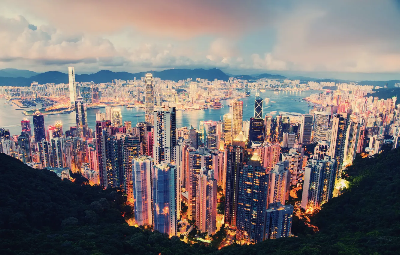 Photo wallpaper clouds, the city, lights, the evening, Hong Kong, Hong Kong