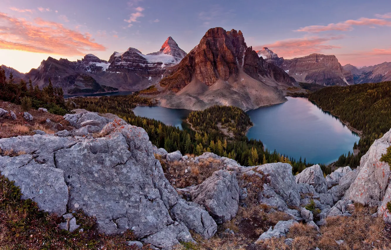 Photo wallpaper forest, the sky, mountains, stones, lake, Canada, Alps, Sunburst peak