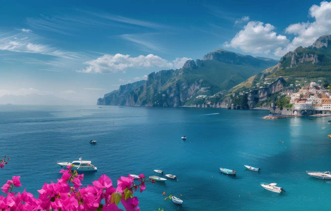 Photo wallpaper sea, the sky, clouds, landscape, flowers, mountains, the city, fog