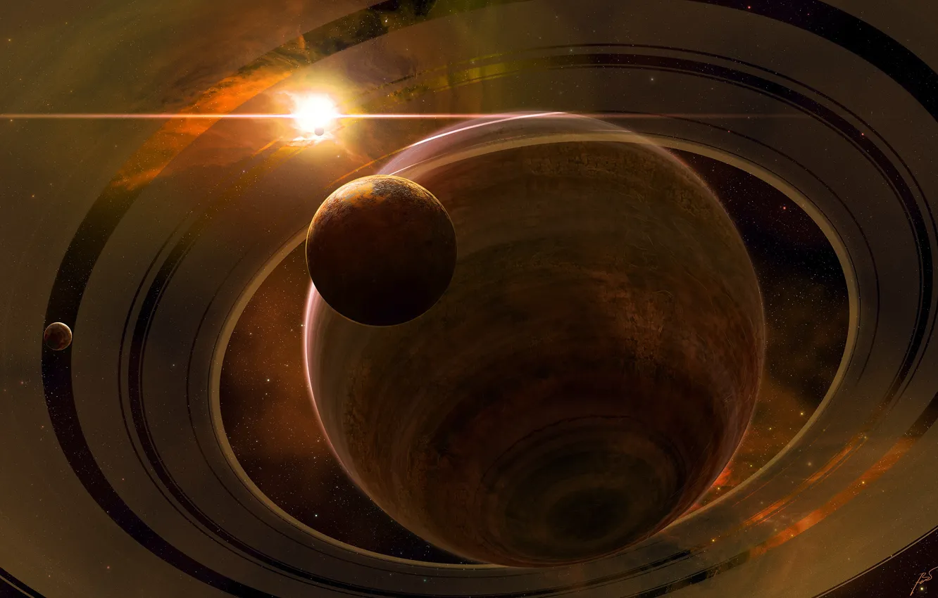 Photo wallpaper the sun, space, stars, nebula, fiction, planet, satellite, ring