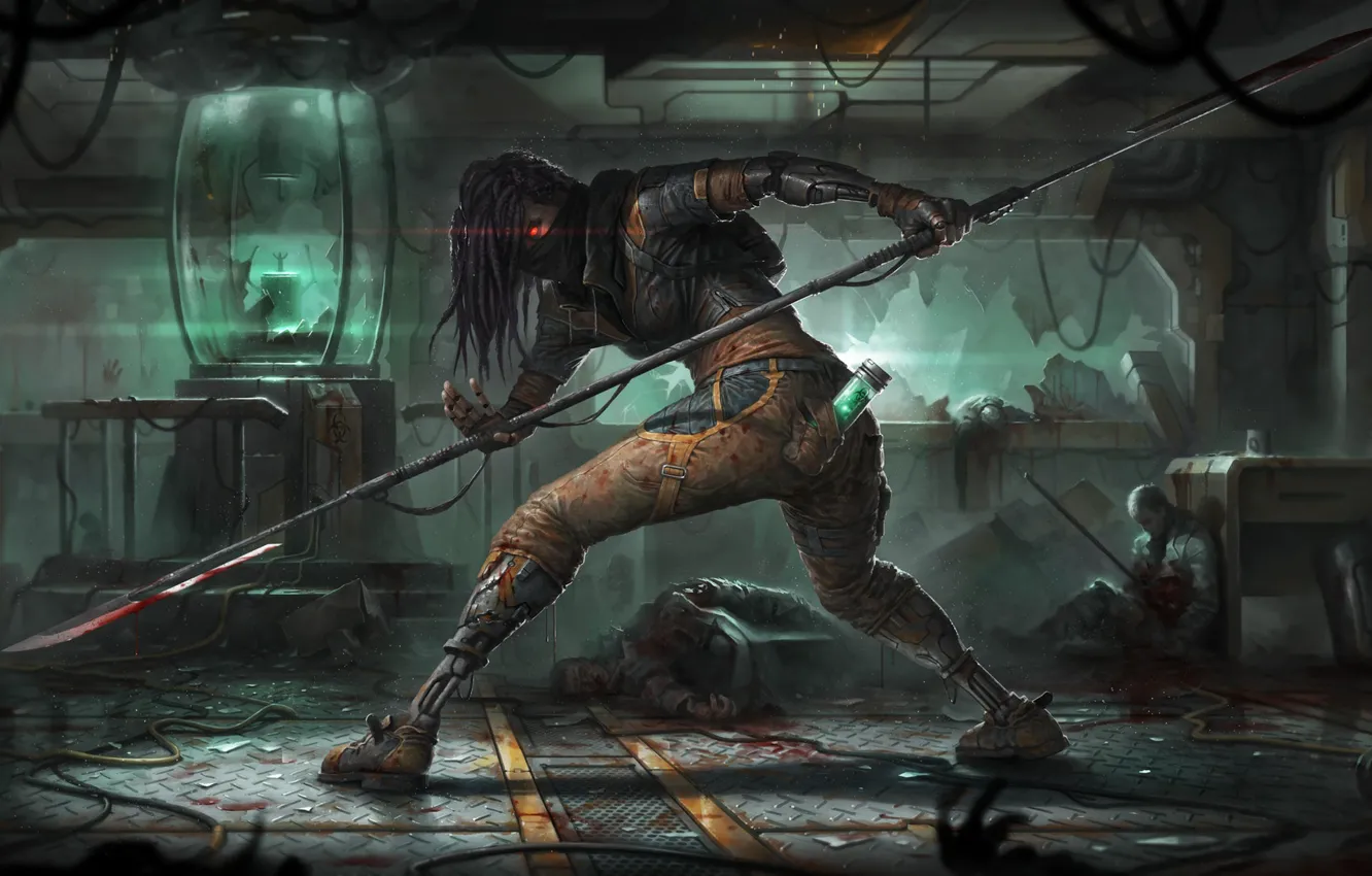 Photo wallpaper fiction, art, fighter, fantasy, cyborg, science fiction, art, Illustration