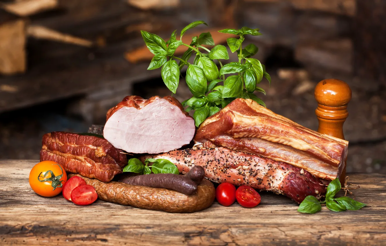 Photo wallpaper meat, tomatoes, sausage, ham, meat, sausage, bakno