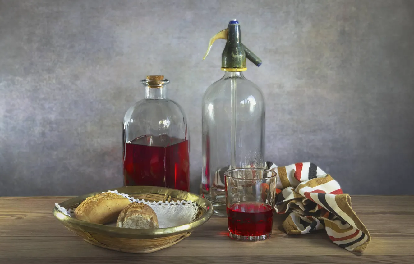Photo wallpaper glass, table, wall, wine, bottle, food, towel, bread
