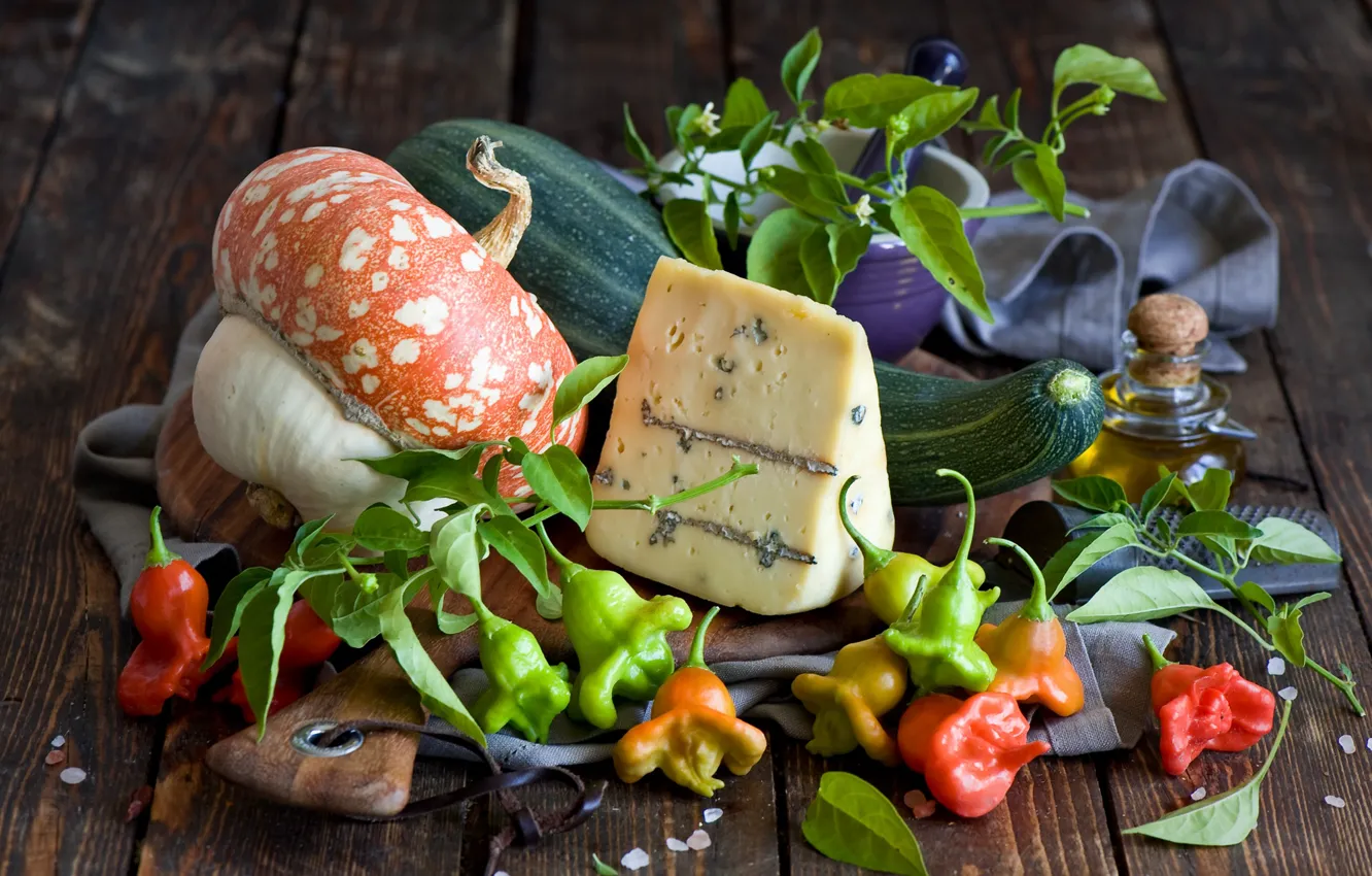 Photo wallpaper greens, cheese, pumpkin, pepper, still life, vegetables